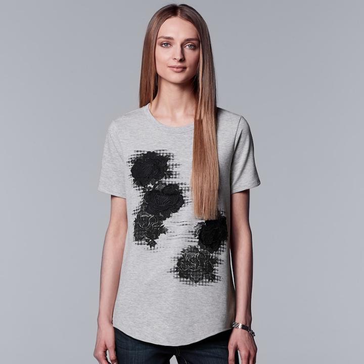 Women's Simply Vera Vera Wang Floral Applique Tee, Size: Xl, Med Grey