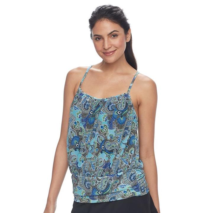 Women's A Shore Fit Tummy Slimmer Mesh Blouson Tankini Top, Size: 6, Blue