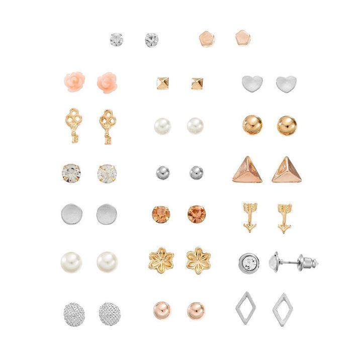 Mudd&reg; Flower, Heart, Arrow & Skeleton Key Nickel Free Stud Earring Set, Women's, Multicolor