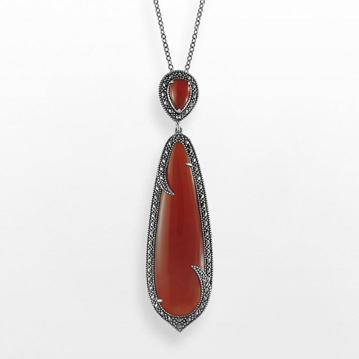 Lavish By Tjm Sterling Silver Red Agate Teardrop Pendant - Made With Swarovski Marcasite, Women's, Size: 18