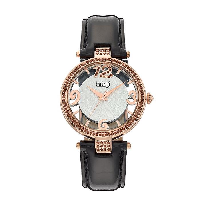 Burgi Women's Crystal Leather Watch, Black