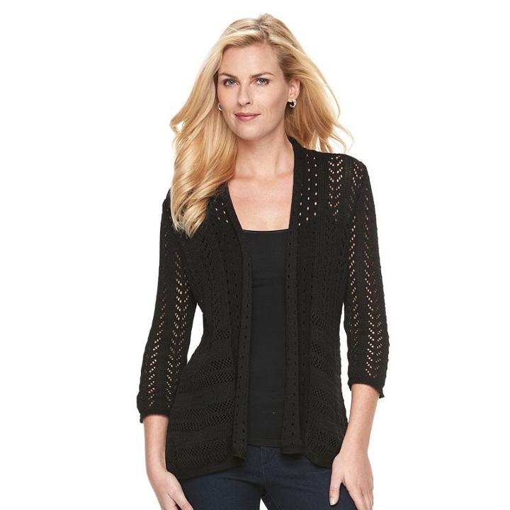 Women's Dana Buchman Open-front Pointelle Cardigan, Size: Large, Black