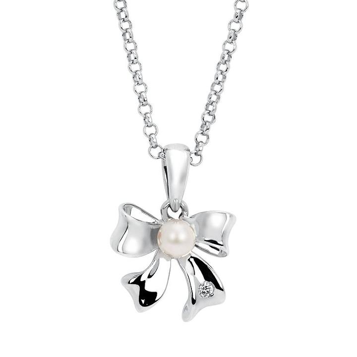Little Diva Diamonds Sterling Silver Diamond Accent And Simulated Pearl Bow Pendant Necklace - Kids, Women's, Size: 16, White