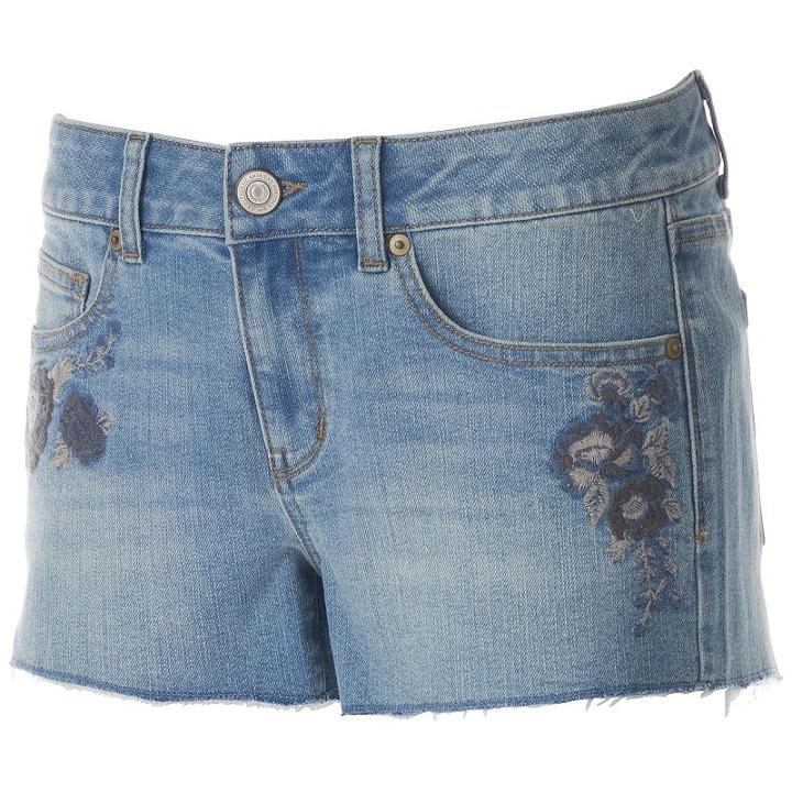 Juniors' So&reg; Floral Embroidered Jean Shortie Shorts, Teens, Size: 9, Light Blue