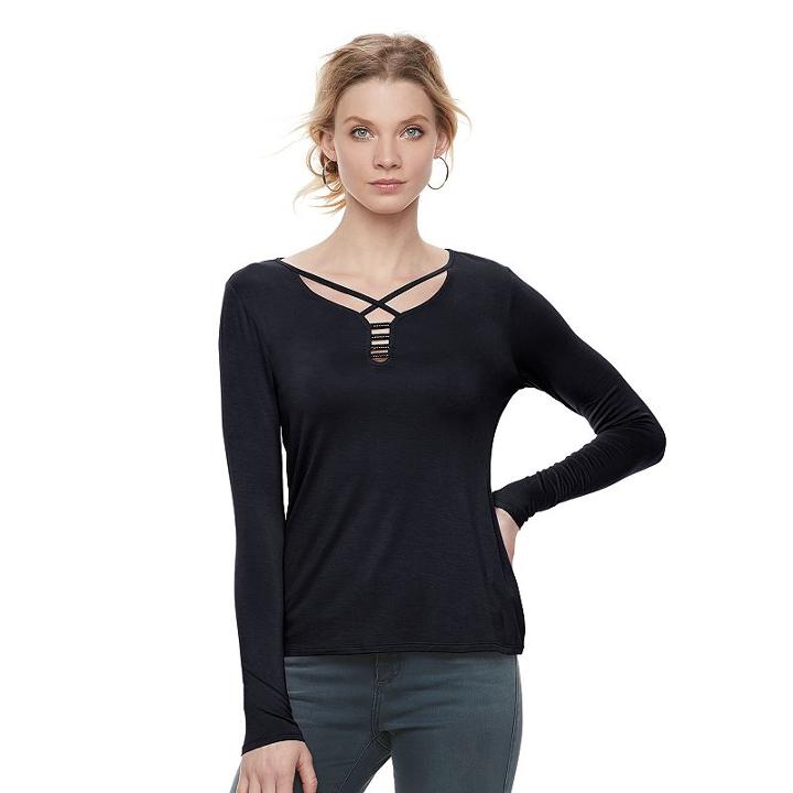 Women's Rock & Republic&reg; Strappy Splitneck Tee, Size: Xl, Black