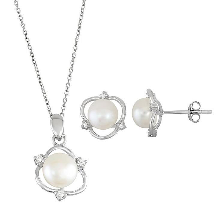 Sterling Silver Freshwater Cultured Pearl Pendant & Stud Earring Set, Women's, Size: 18, White