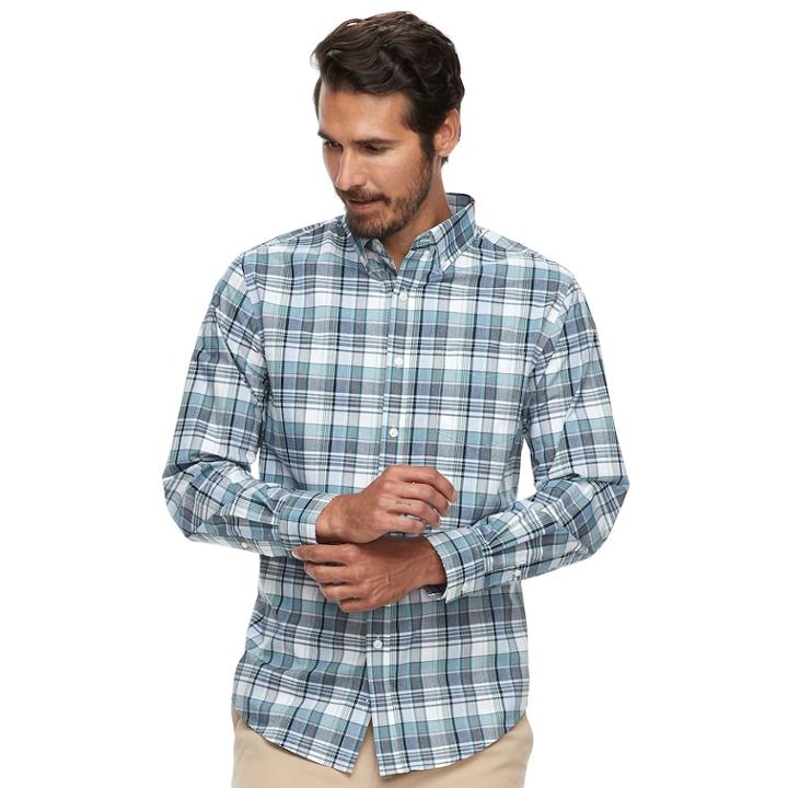 Men's Croft & Barrow&reg; Classic-fit Plaid Easy-care Button-down Shirt, Size: Medium, Light Blue