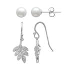 Primrose Sterling Silver Simulated Pearl Stud & Cubic Zirconia Leaf Drop Earring Set, Women's, White