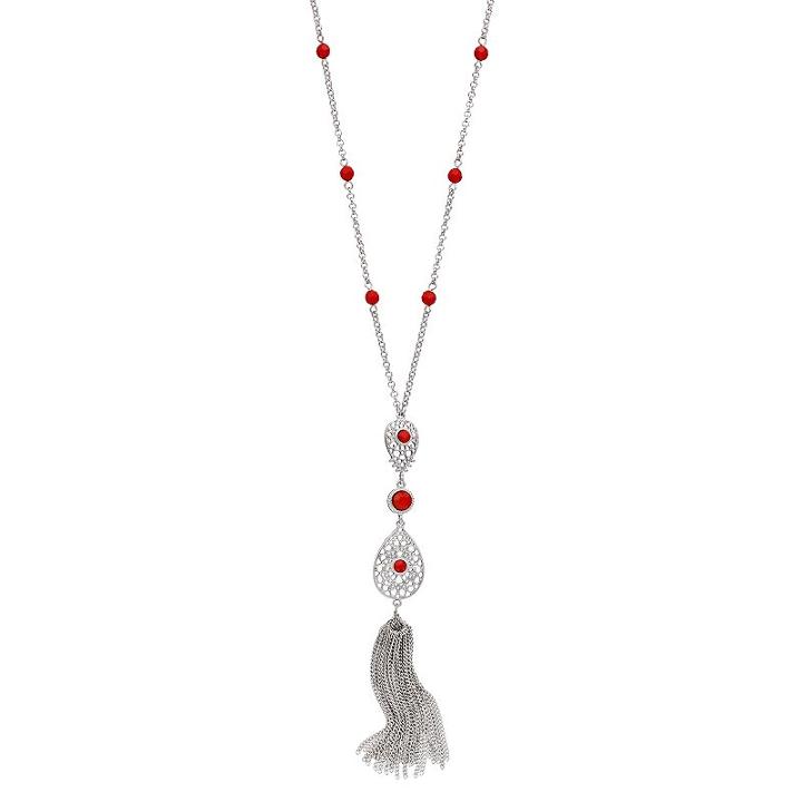 Red Stone Openwork Teardrop Tassel Y Necklace, Women's