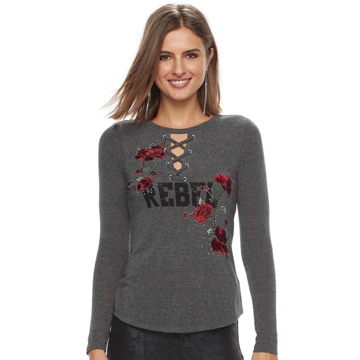 Women's Rock & Republic&reg; Rebel Lace-up Graphic Tee, Size: Xs, Med Grey