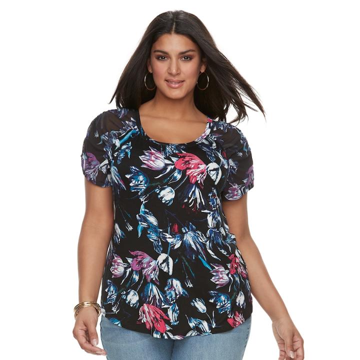 Plus Size Jennifer Lopez Mesh-sleeve Scoopneck Tee, Women's, Size: 1xl, Black