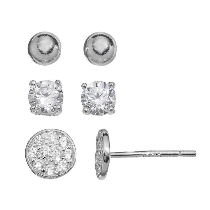 Cubic Zirconia Sterling Silver Ball & Disc Stud Earring Set, Women's, Grey