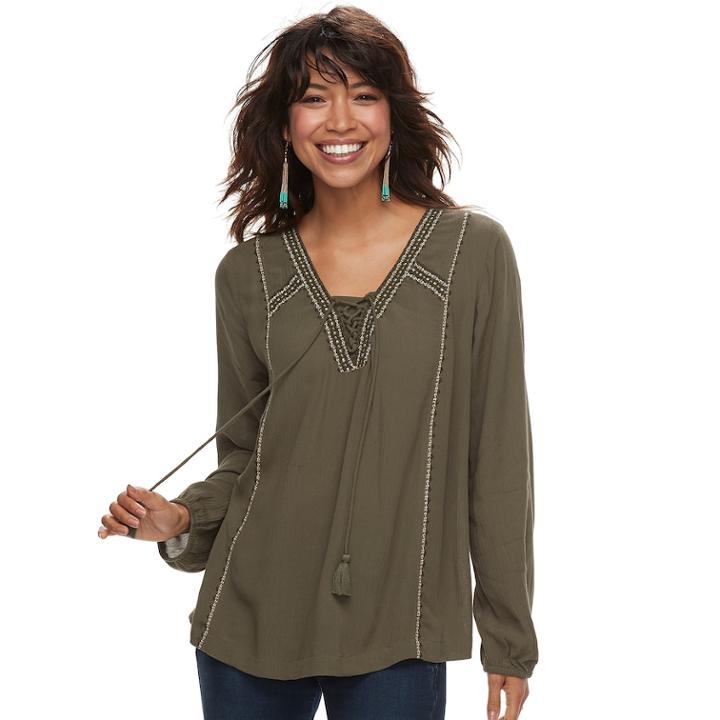 Petite Sonoma Goods For Life™ Lace-up Gauze Peasant Top, Women's, Size: L Petite, Green