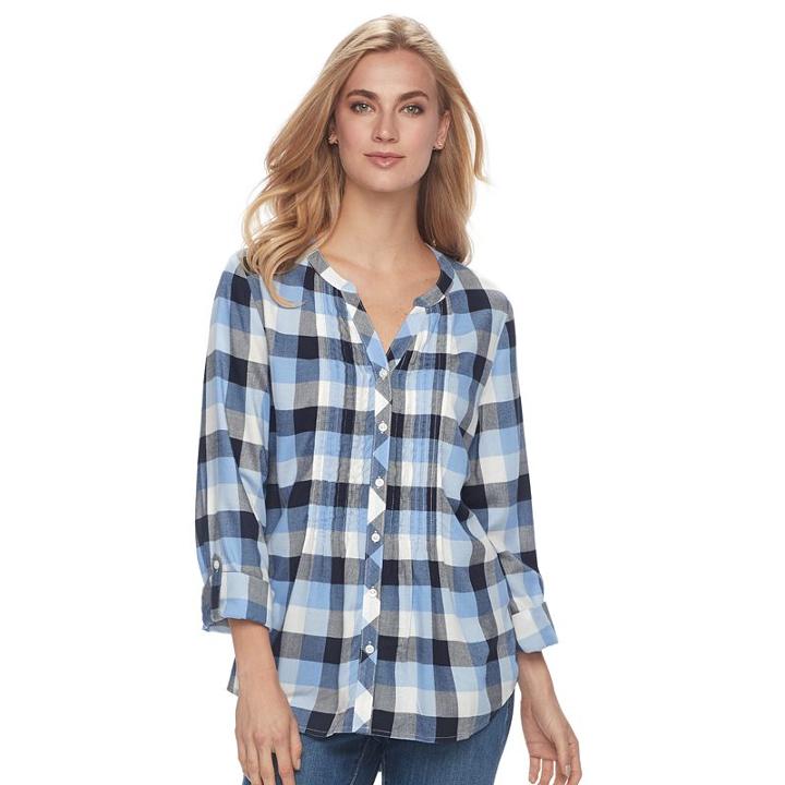 Women's Croft & Barrow® Plaid Pintuck Shirt, Size: Large, Blue (navy)