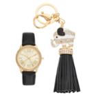 Women's Crystal Watch & Elephant Tassel Key Chain Set, Size: Large, Black