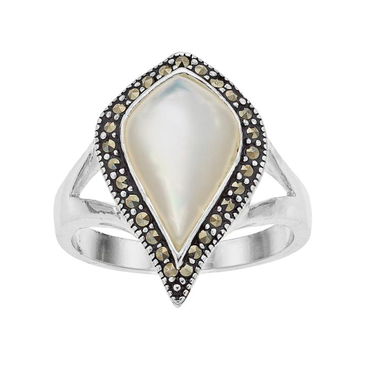Silver Plated Mother-of-pearl & Marcasite Teardrop Ring, Women's, Size: 9, White