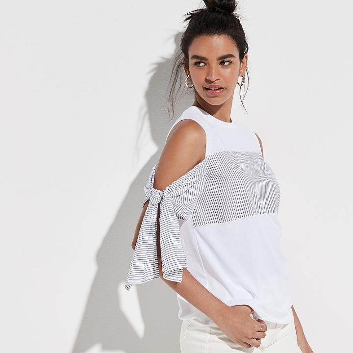 K/lab Tie Sleeve Cold-shoulder Top, Teens, Size: Medium, White
