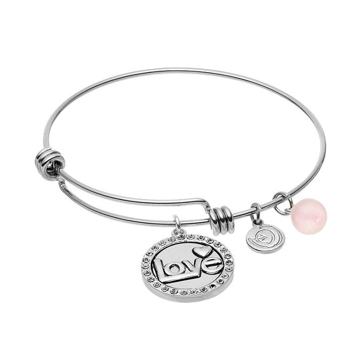 Love This Life Crystal & Rose Quartz Love Disc Charm Bangle Bracelet, Women's, Grey