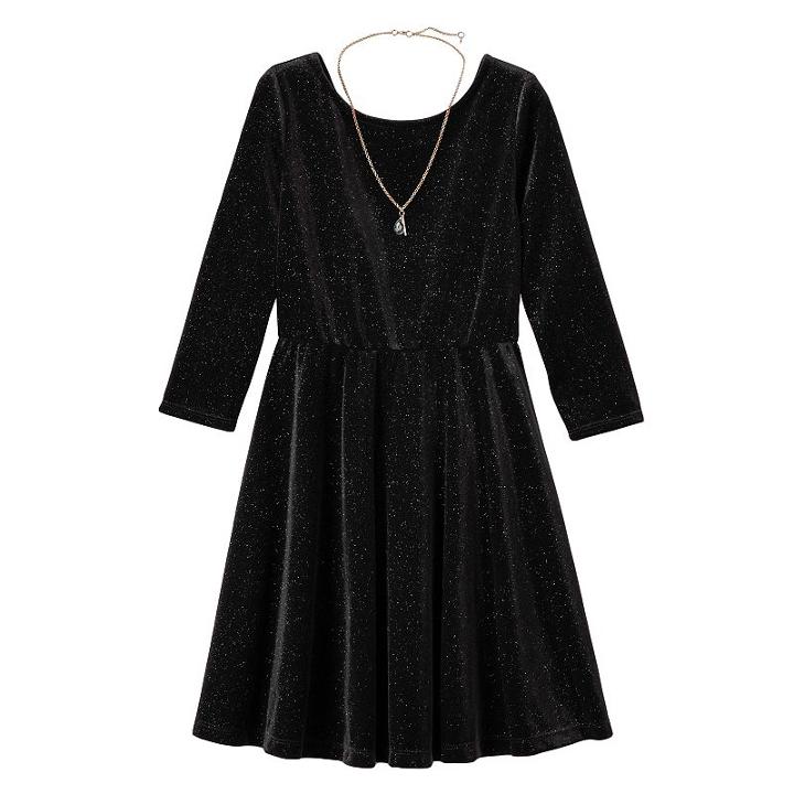 Girls Plus Size Lilt Glitter Velvet 3/4-length Sleeve Skater Dress With Necklace, Girl's, Size: 16 1/2, Black