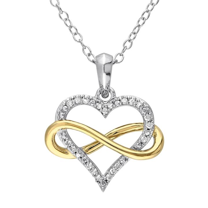 Two Tone Sterling Silver 1/10 Carat T.w. Diamond Infinity & Heart Pendant, Women's, Size: 18, White