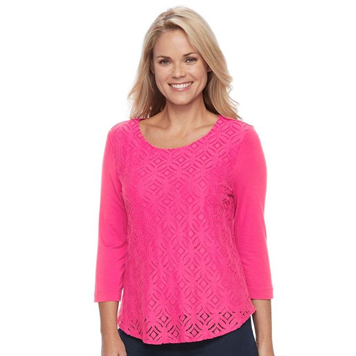 Petite Croft & Barrow&reg; Lace-front Tee, Women's, Size: Xs Petite, Dark Pink