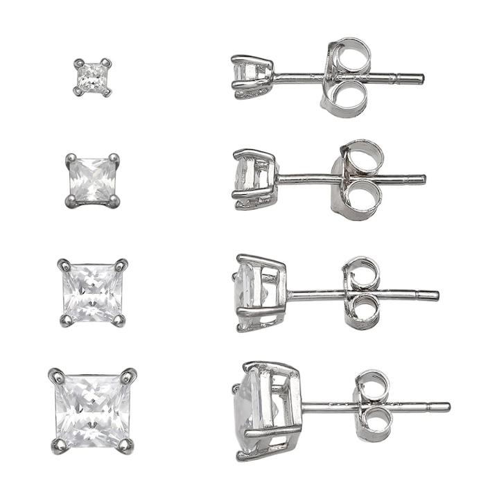 Primrose Sterling Silver 4-pair Princess Cut Cubic Zirconia Stud Earring Set, Women's, White