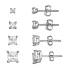Primrose Sterling Silver 4-pair Princess Cut Cubic Zirconia Stud Earring Set, Women's, White