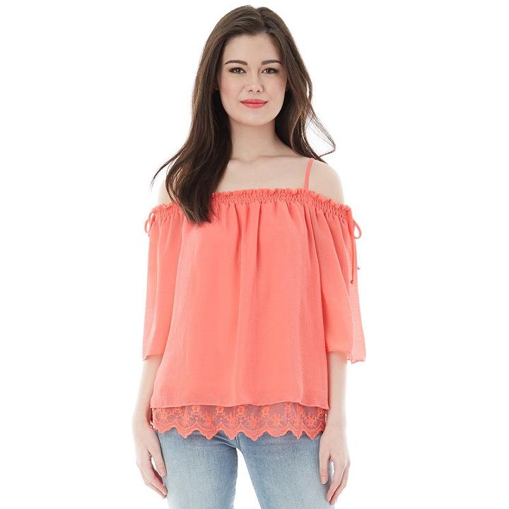 Juniors' Iz Byer California Lace Hem Off Shoulder Top, Girl's, Size: Medium, Lt Orange