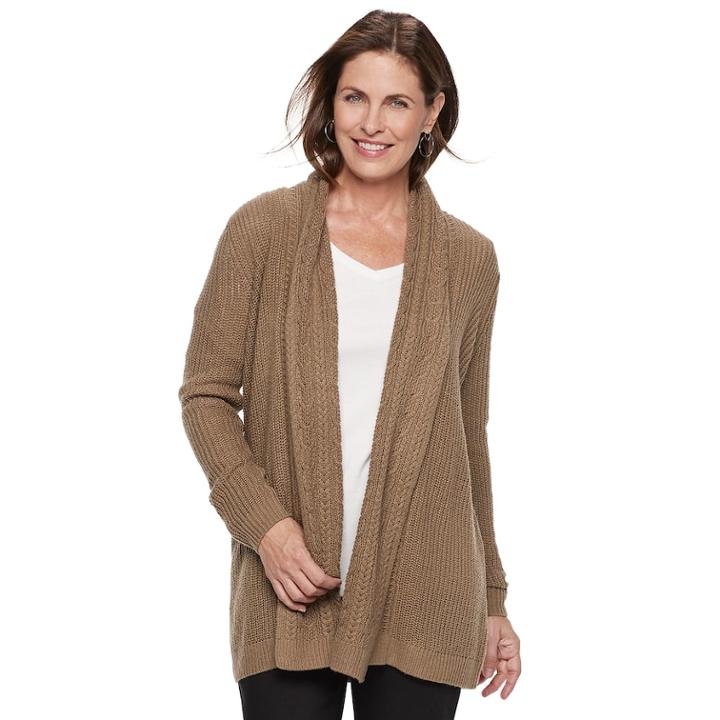 Petite Croft & Barrow&reg; Ring Stitch Open Front Cardigan, Women's, Size: L Petite, Med Brown