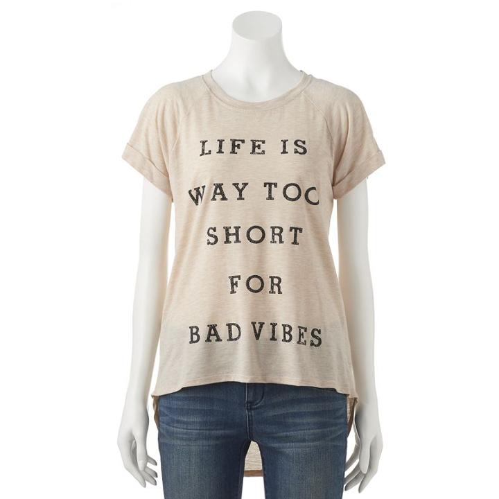 Juniors' Life Is Way Too Short High Low Graphic Tee, Teens, Size: Small, Med Beige