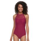 Crochet High Neck One-piece Swimsuit, Teens, Size: Xl, Drk Purple