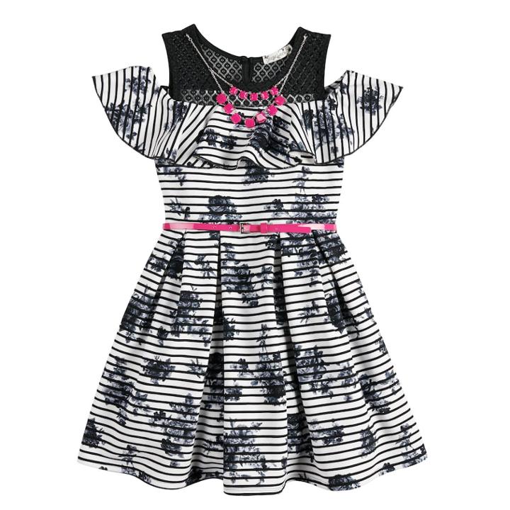 Girls 7-16 & Plus Size Knitworks Belted Cold Shoulder Ruffle Skater Dress With Necklace, Size: 18 1/2, Black
