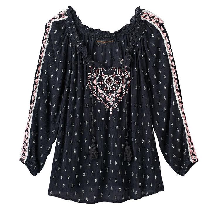 Girls 7-16 & Plus Size Mudd&reg; 3/4-length Cold Shoulder Embroidered Peasant Top, Size: 20 1/2, Black