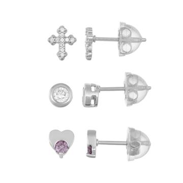 Lulabelle Kids' Sterling Silver Cubic Zirconia Cross & Heart Stud Earring Set, Women's, Purple