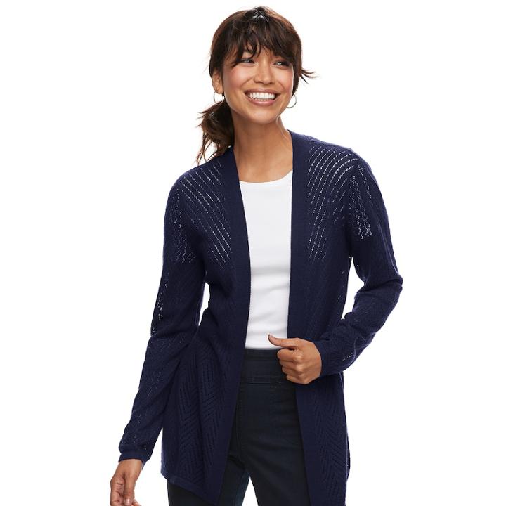 Petite Croft & Barrow&reg; Pointelle Open Front Cardigan, Women's, Size: S Petite, Dark Blue