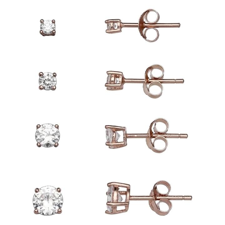 Primrose 18k Rose Gold Over Silver Cubic Zirconia Stud Earring Set, Women's, White