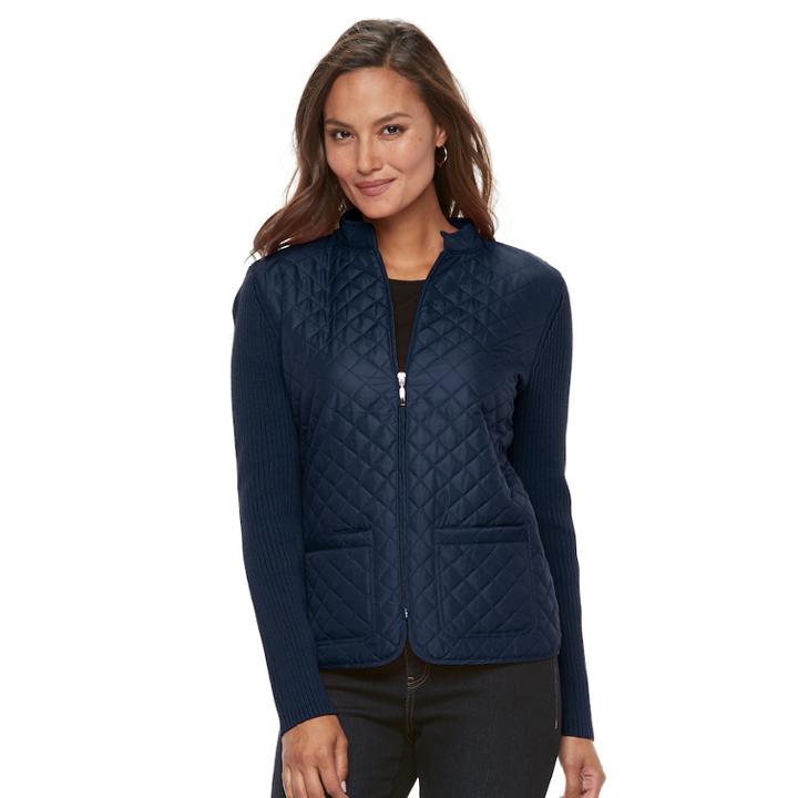 Women's Croft & Barrow&reg; Quilted Zip Sweater Jacket, Size: Medium, Blue