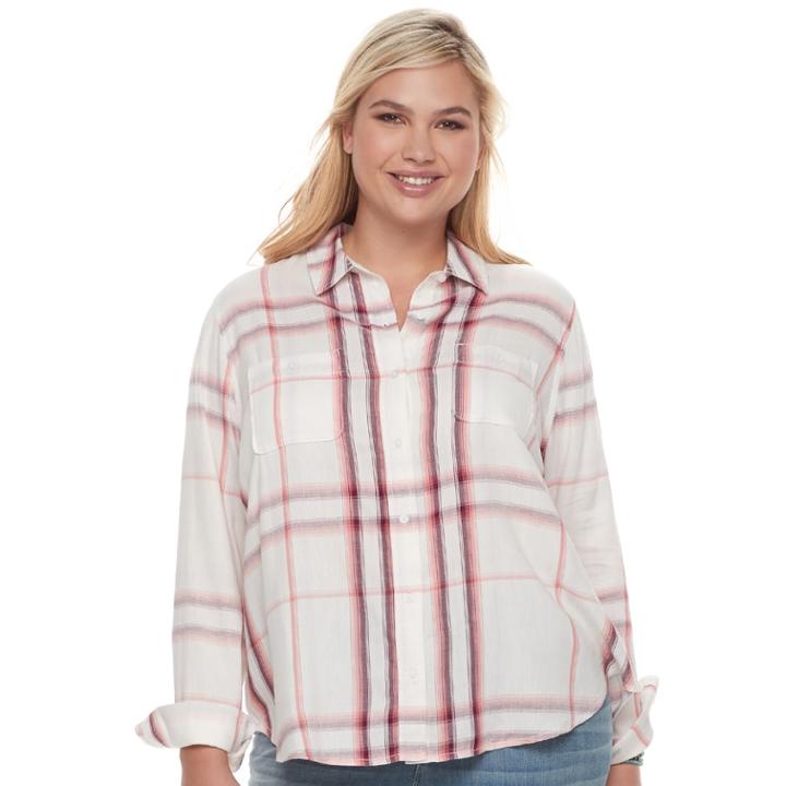 Juniors' Plus Size Mudd&reg; Lace Yoke Plaid Shirt, Teens, Size: 1xl, White