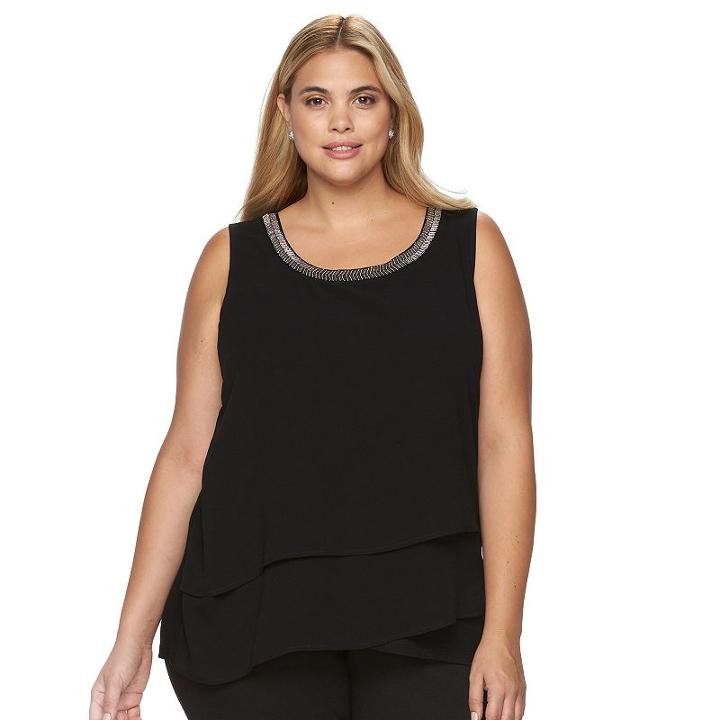 Plus Size Design 365 Embellished Asymmetrical Tiered Chiffon Sleeveless Top, Women's, Size: 2xl, Black