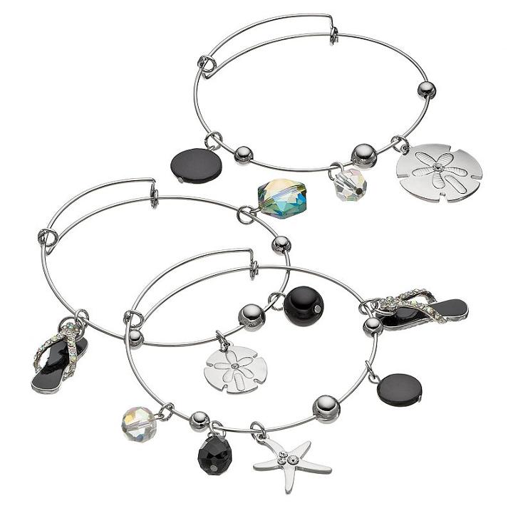 Flip-flop, Sand Dollar & Starfish Charm Bangle Bracelet Set, Women's, Black