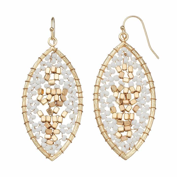 White Seed Bead Woven Marquise Drop Earrings, Women's
