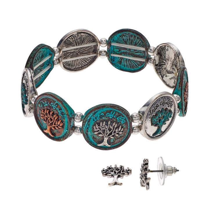 Believe In Tree Of Life Stretch Bracelet & Stud Earring Set, Women's, Multicolor