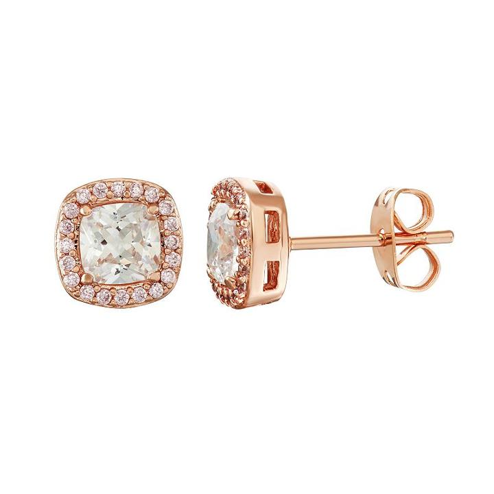 Lily & Lace 14k Rose Gold Plated Cubic Zirconia Cushion Halo Stud Earrings, Women's, White