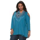 Plus Size World Unity Cold Shoulder Top With Tassle Scarf, Women's, Size: 0x, Blue Other