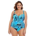 Plus Size Upstream Tummy Slimmer Floral One-piece Swimsuit, Women's, Size: 16 W, Blue