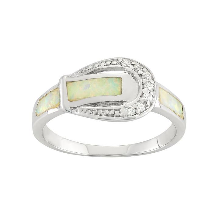 Cubic Zirconia & Lab-created Opal Sterling Silver Buckle Ring, Women's, Size: 6, White