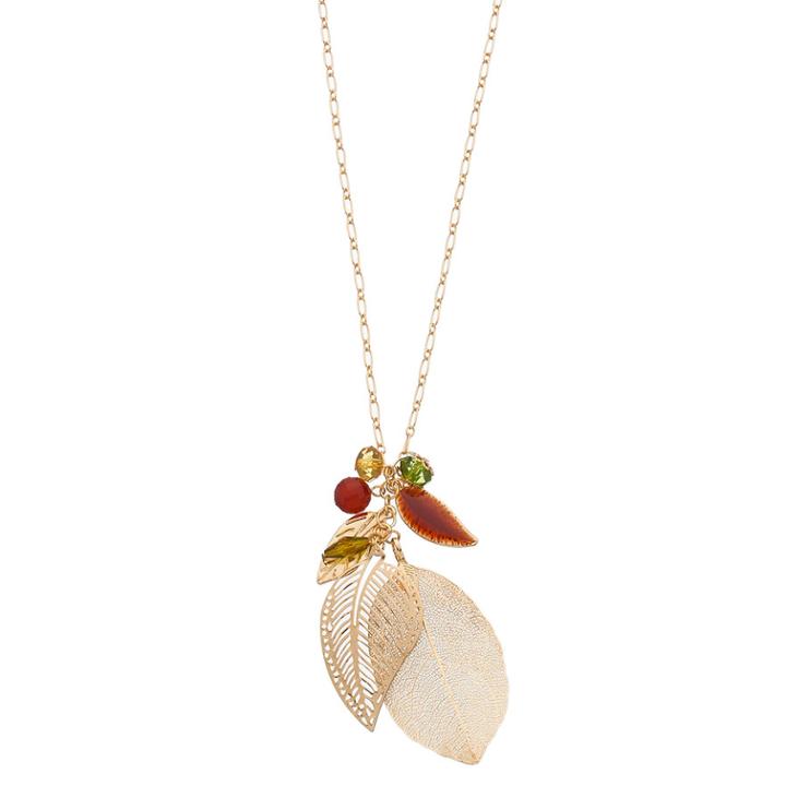 Long Shaky Bead & Leaf Charm Necklace, Multicolor