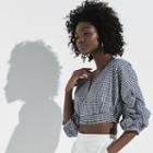 K/lab Gathered Sleeve Gingham Crop Top, Girl's, Size: Large, Black