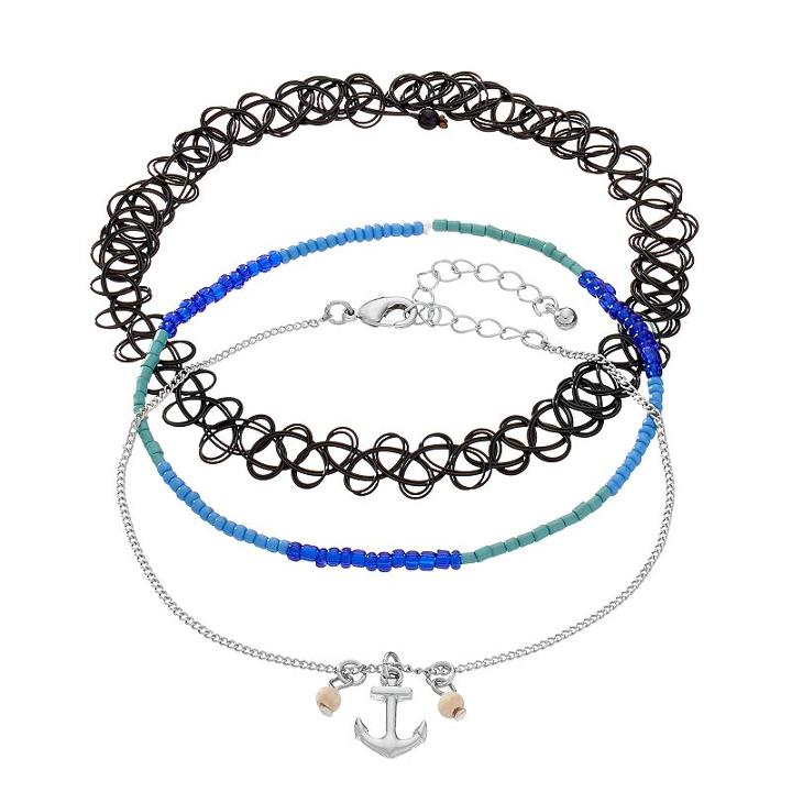Mudd&reg; Anchor Charm, Beaded & Tattoo Anklet Set, Women's, Navy