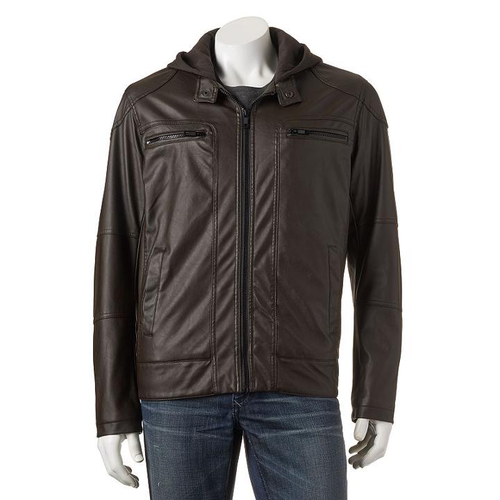 Men's Excelled Faux-leather Hooded Moto Jacket, Size: Small, Brown